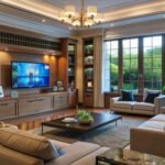 Modern living room with large windows and comfortable furniture.